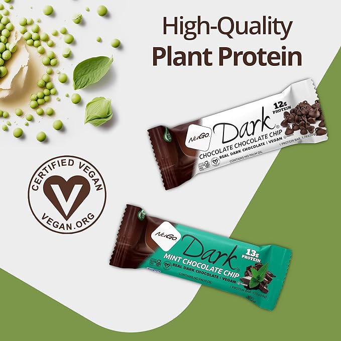 NuGo Dark Chocolate Almond w/Sea Salt, 12g Protein Bar, Vegan, Gluten Free, Non-GMO, Kosher Pareve, 12 Count