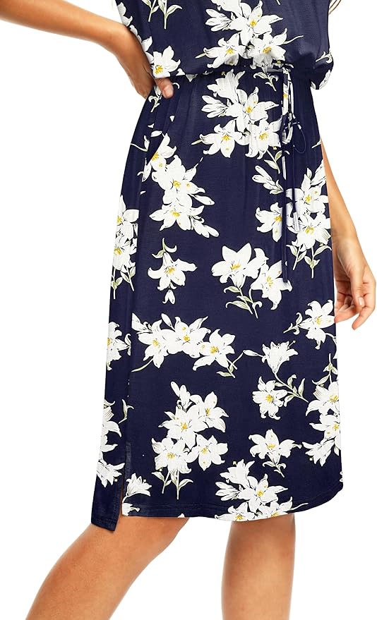 Simier Fariry Womens Spring Hide Belly Knee Length Travel Dress Pocket Summer Short Sleeve Midi Work Casual Outfits