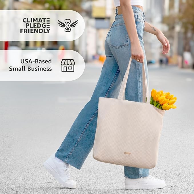 VANDEL Corduroy Tote Bag for Women and Men with Zipper and Inner Pockets. Cute School Tote Bag with Zipper, Aesthetic
