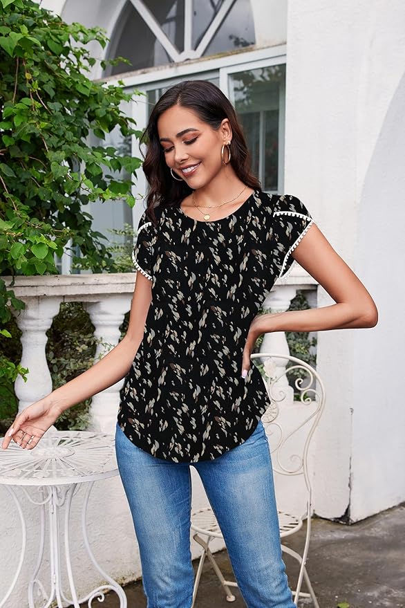 TASAMO Women's Casual Round Neck Basic Pleated Top Cap Sleeve Curved Keyhole Back Chiffon Blouse