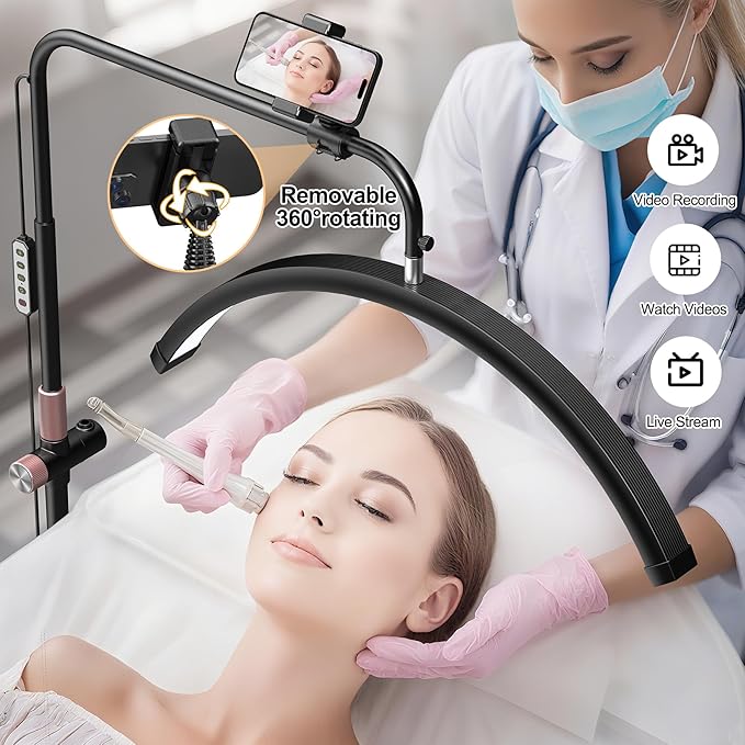 Half Moon Lash Light - Adjustable LED Floor Lash Lamp with 4X Magnifier & Phone Holder for Eyelash Extensions,Nail Art,Tattoo,Skincare,Salon SPA-Dimmable Brightness,Rotating Head, Black