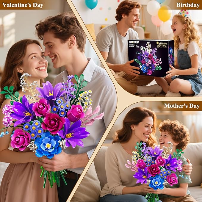 CUBIMANA Valentines Flowers Bouquet Building Set with LED Light, 21 Flower Botanical Collection Block Toy, Rose Lily Home Plant Decor 1054PCS, Gifts for Her Adults Women Mom Kids Girls 12+ (Purple)
