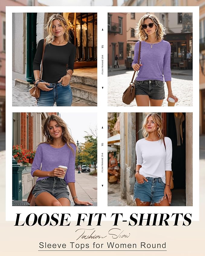 Ficerd 3 Pack 3/4 Sleeve Tops for Women Round Neck Dressy Basics Tees Casual Trendy Loose Fit T Shirts
