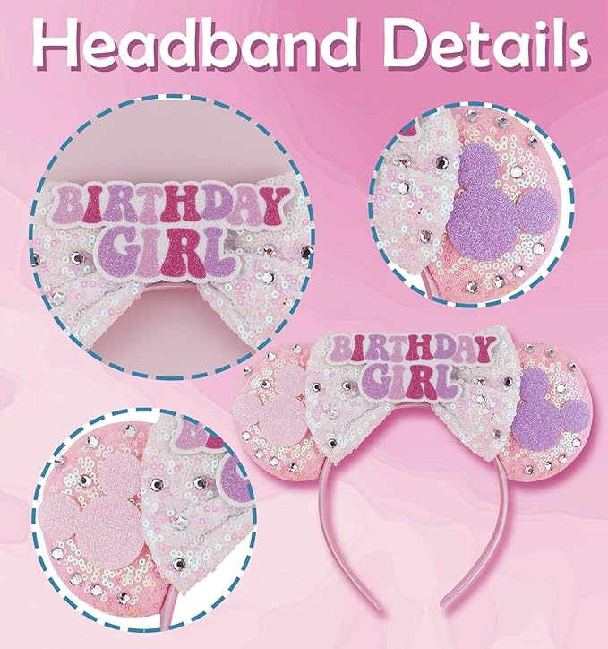 LIHELEI Mouse Ears Headband, Princess Pink Headbands for Women Birthday Party, Sequin Bows Headwear Hair Accessories- BirthdayHeadband