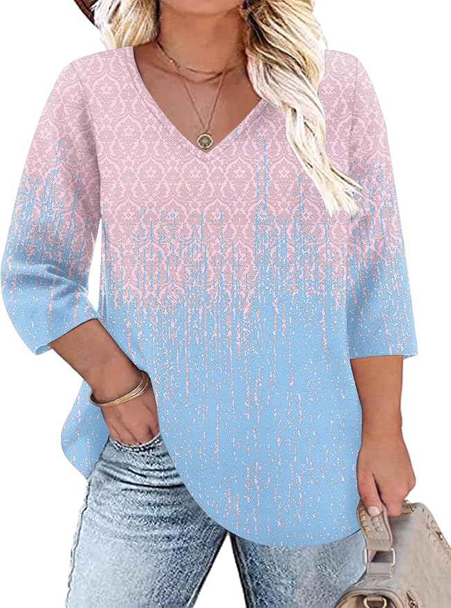 TFSDOD Womens Plus Size Tops V Neck T Shirts 3/4 Sleeve Blouse Summer Casual Tees XL-5X