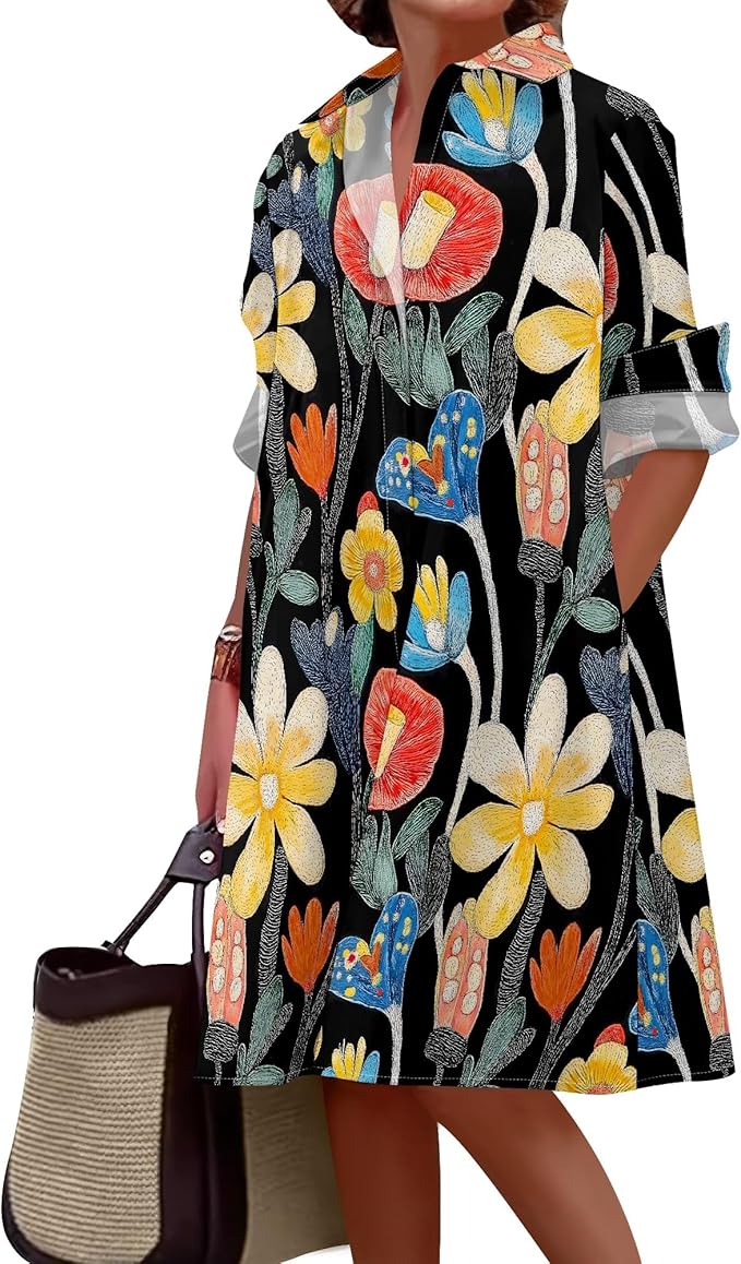 Shirt Dresses for Women 2025 Summer Long Sleeve Casual Plus Size Floral Printed Beach Vacation Dress with Pockets
