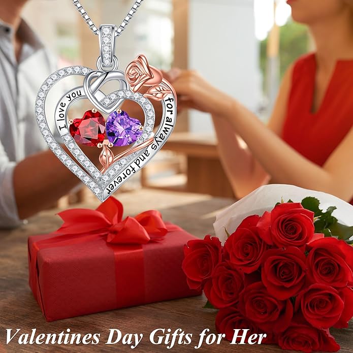 Iefil Valentines Day Gifts for Her - 925 Sterling Silver Double Birthstone Necklace, Anniversary Birthday Gifts for Women, Jewelry Gift for Wife Girlfriend Mom Her