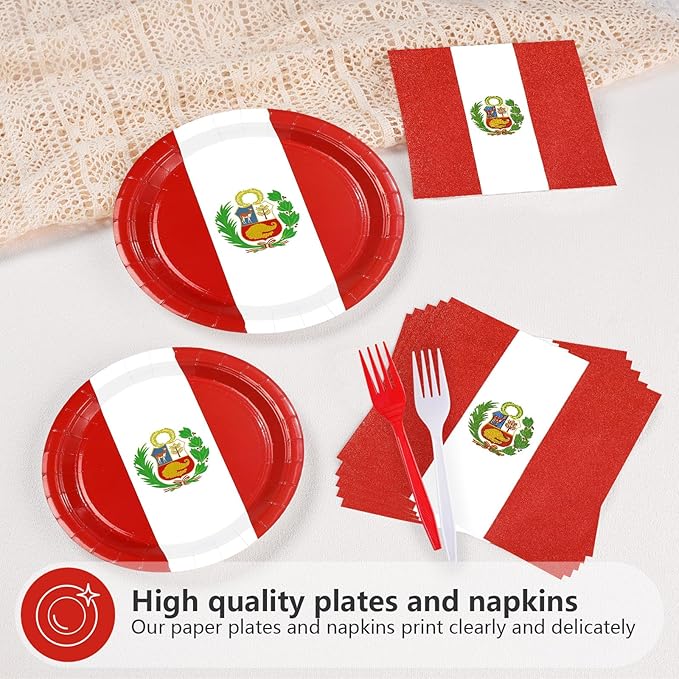 Greencian 96Pcs Peru Flag Party Supplies Peruvian National Day Plates and Napkins Peru Red and White Tableware Set for Peruvian National Sports Events Patriotic Festival Party Decorations，Serves 24