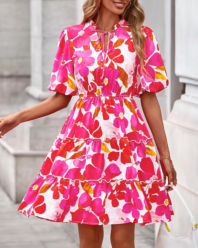 BTFBM Women Summer Floral Short Dresses V Neck Short Sleeve Tiered Ruffle Boho Swing Dress A-Line Mini Dresses