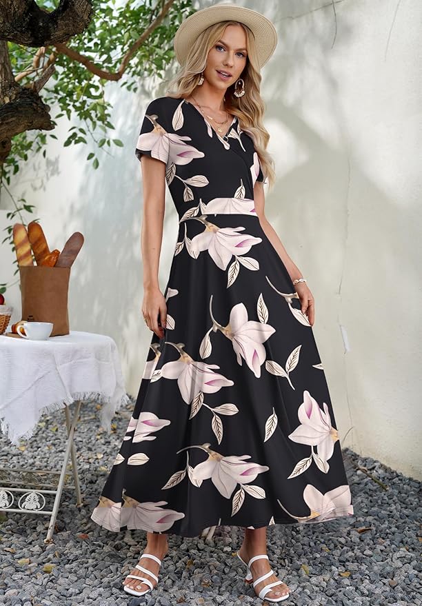 AUSELILY Maxi Dresses for Women Ankle Length Floral Print Beach Long Flowy Dress with Pockets