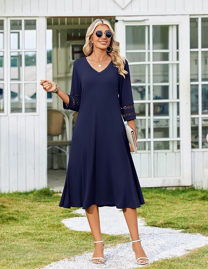 Zeagoo Women's Dresses 3/4 Sleeve Summer Casual V-Neck A Line Flowy Eyelet Midi Dress for Women Beach Vacation Sundress
