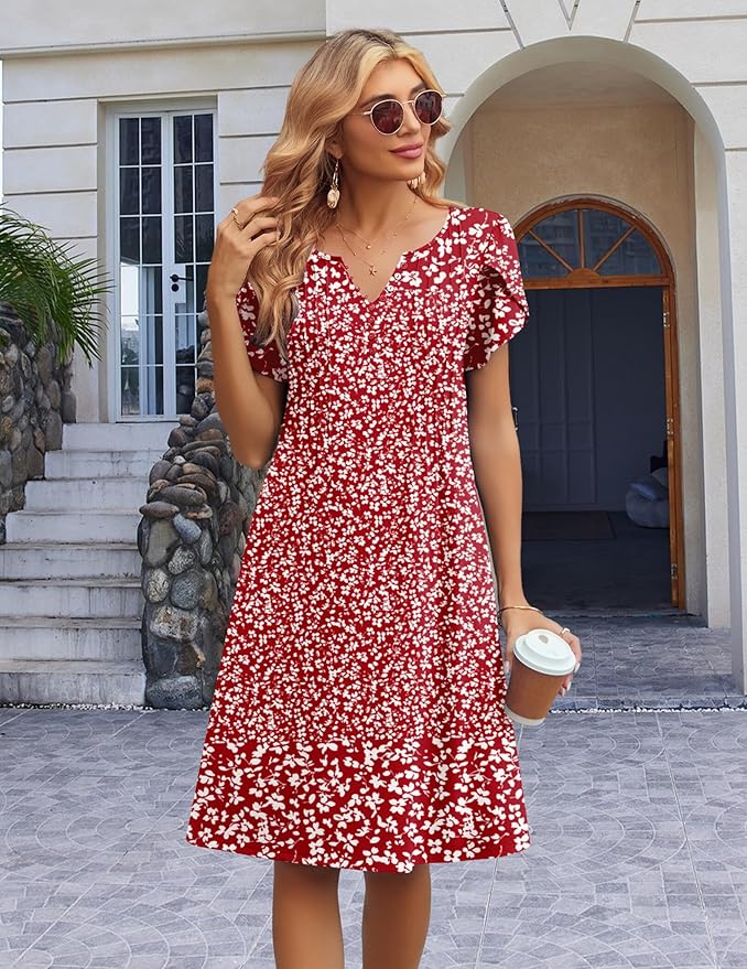 Zeagoo Women's Casual Dresses with Pockets Summer Floral V-Neck A-Line Tshirt Dress Short Sleeve Mini Dress Beach Sundress