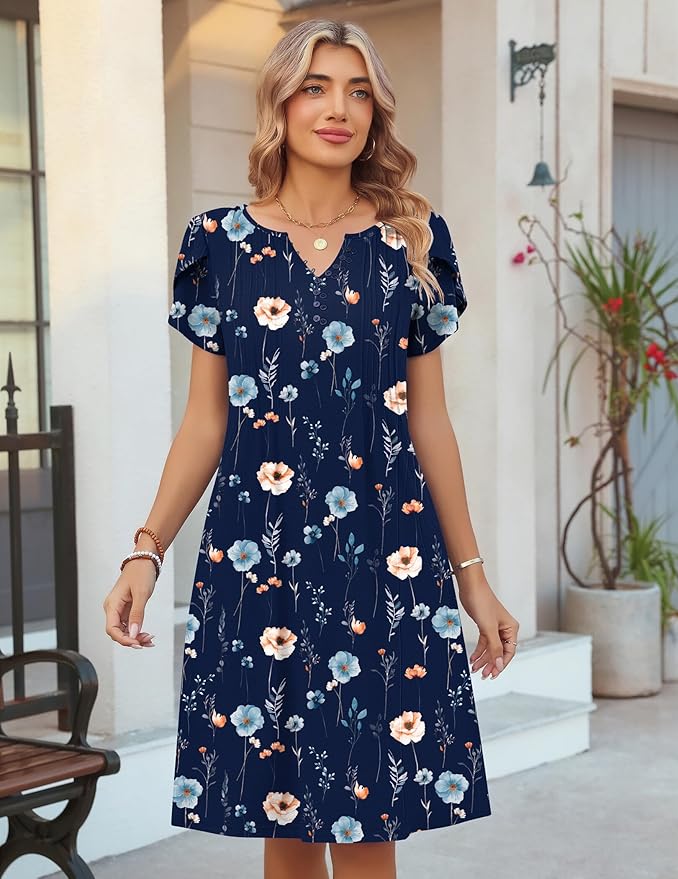 Zeagoo Women's Casual Dresses with Pockets Summer Floral V-Neck A-Line Tshirt Dress Short Sleeve Mini Dress Beach Sundress