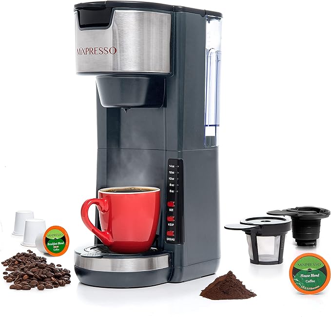 Mixpresso Gray Single Serve Coffee Brewer K-Cup Pods Compatible & Ground, 30 oz Compact Coffee Maker Single Serve With 5 Brew Sizes Up To 14 Oz, Fits Travel Mug, Adjustable Drip Tray