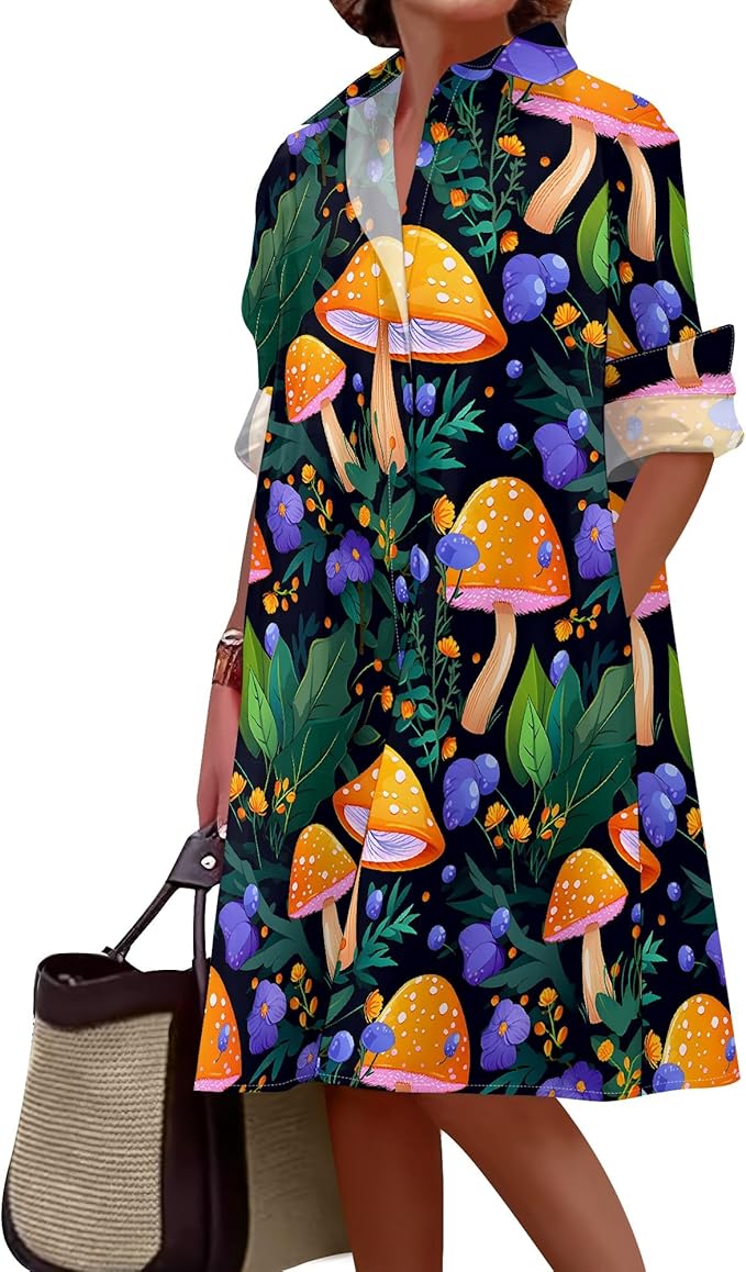 Shirt Dresses for Women 2025 Summer Long Sleeve Casual Plus Size Floral Printed Beach Vacation Dress with Pockets