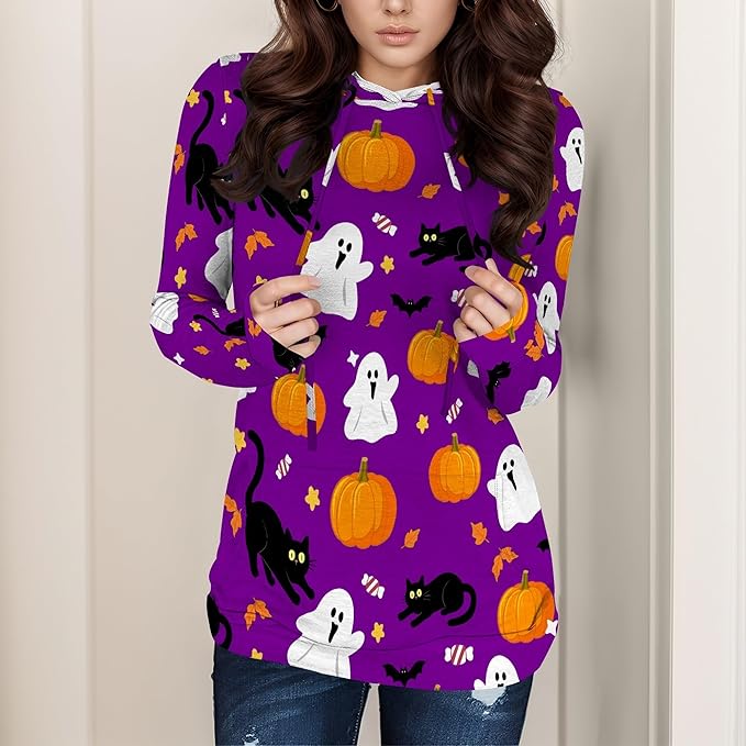 domirica Halloween Sweatshirts For Women Long Sleeve Spooky Graphic Sweatshirts Pumpkin Pullover Halloween Party Club Wear
