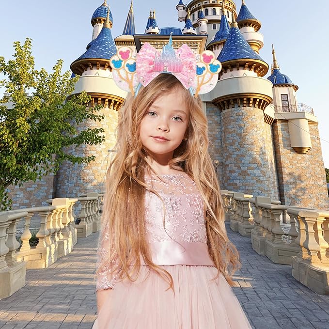 HAMUTH Mouse Ears Headband,Pink Castle Mouse Ears Hairs Accessories for Women Girls Kids,Castle Birthday Decorations for Party Trip Parks Cosplay Accessories