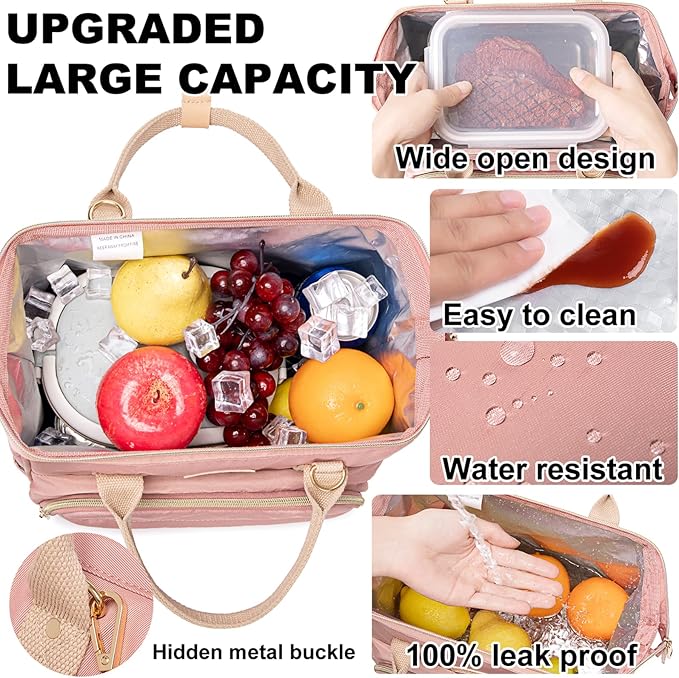 AIJIEKE Lunch Bag for Women, Leakproof & Insulated Work Lunch Box Tote, Reusable Adult Cooler Bag with Water Bottle Side Pocket & Removable Shoulder Strap, Pink