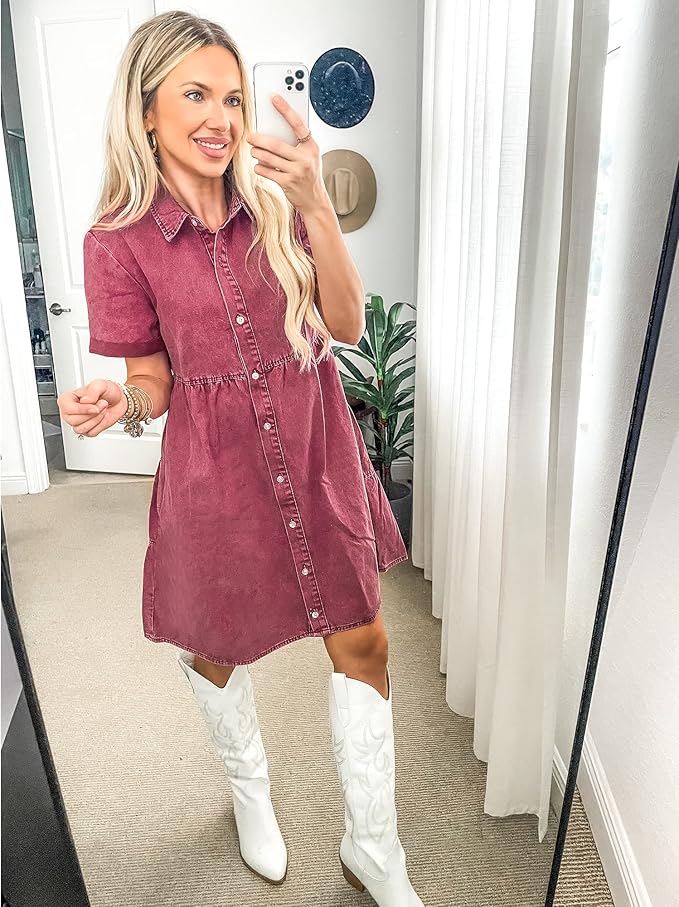 LookbookStore Women's Short Sleeve Button Down Flowy Tiered Babydoll Denim Dress