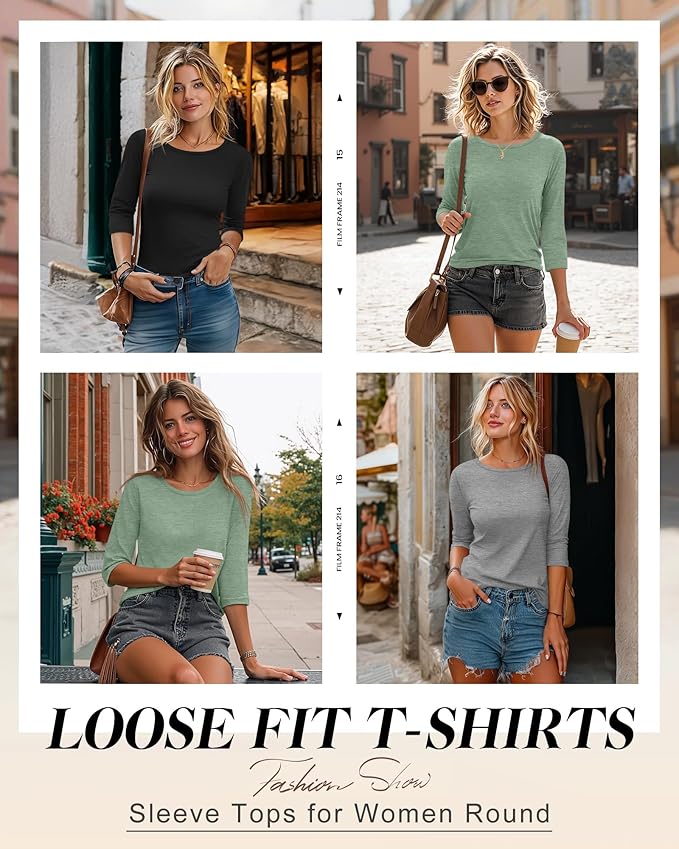 Ficerd 3 Pack 3/4 Sleeve Tops for Women Round Neck Dressy Basics Tees Casual Trendy Loose Fit T Shirts