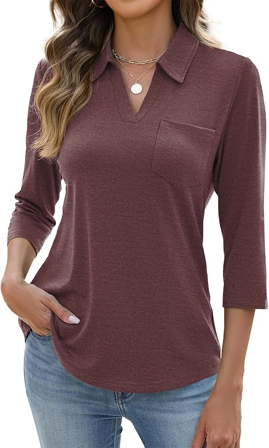 AKEWEI Womens 3/4 Length Sleeve Tops V Neck Casual Basic Tees Work Polo Shirts Collared Summer Top with Front Pocket