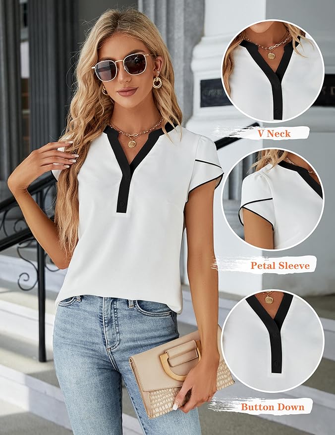Blooming Jelly Women's Dressy Casual Tops Business Work Blouses White Button Down Shirts Cap Sleeve V Neck Tshirt