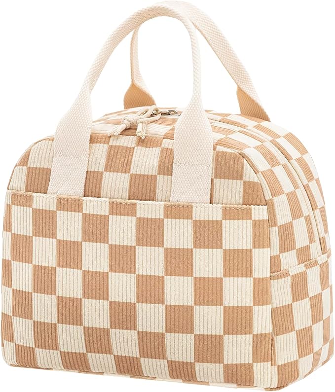 Stylish Lunch Box for Women Cute Lunch Box Reusable Checkered Corduroy Insulated Lunch Bag With Dual Zippers & Multiple Pockets for Work Travel Picnic Outdoor Activities
