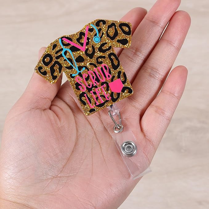 Leopard Scrub Life Funny Badge Reel, Cute Retractable ID Card Badge Holder, Name Tag Hospital Badge Clip for ICU RN LPN CNA MA ER Night Shift Nurse Nursing Student OB/GYN RAD L&D Doctor, Nurse Gifts