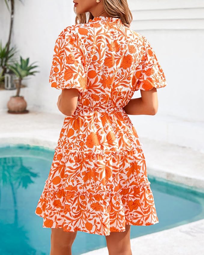 BTFBM Women Summer Floral Short Dresses V Neck Short Sleeve Tiered Ruffle Boho Swing Dress A-Line Mini Dresses