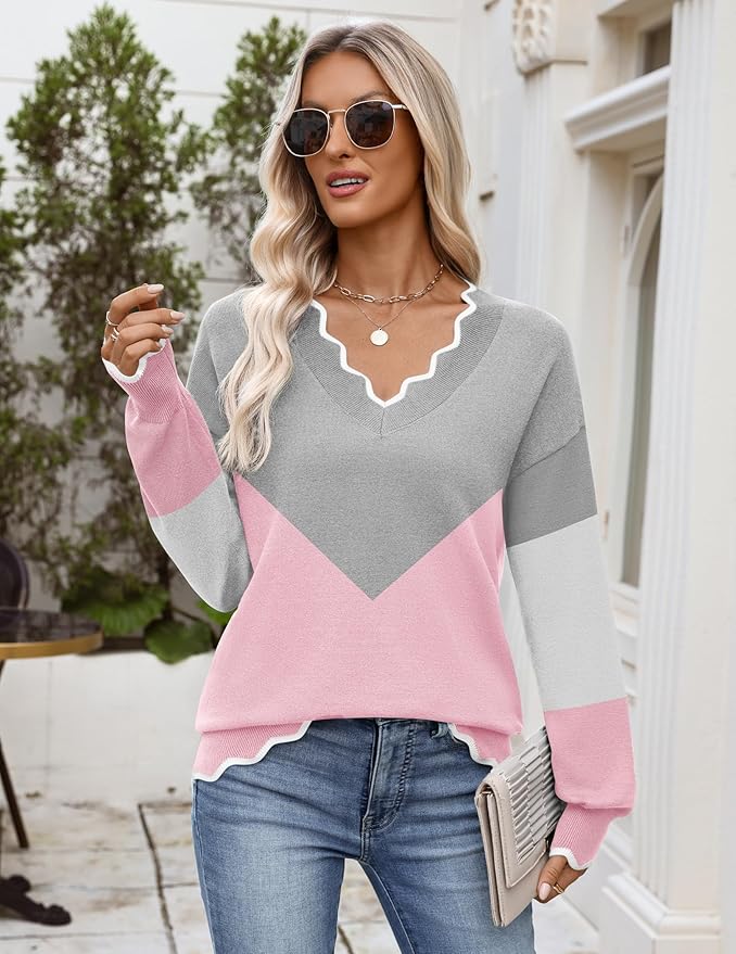 Zeagoo Women's 2026 Fall V Neck Sweater Casual Long Sleeve Lightweight Ribbed Knit Pullover Sweaters Dressy Casual Tops