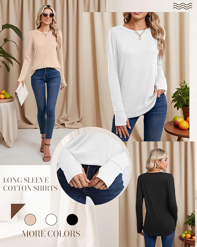 Huukeay 3 Pack Women's Long Sleeve Shirts with Thumb Holes, Cotton Casual Crew Neck Tunic Tops Fall Loose Y2k Trendy Outfits