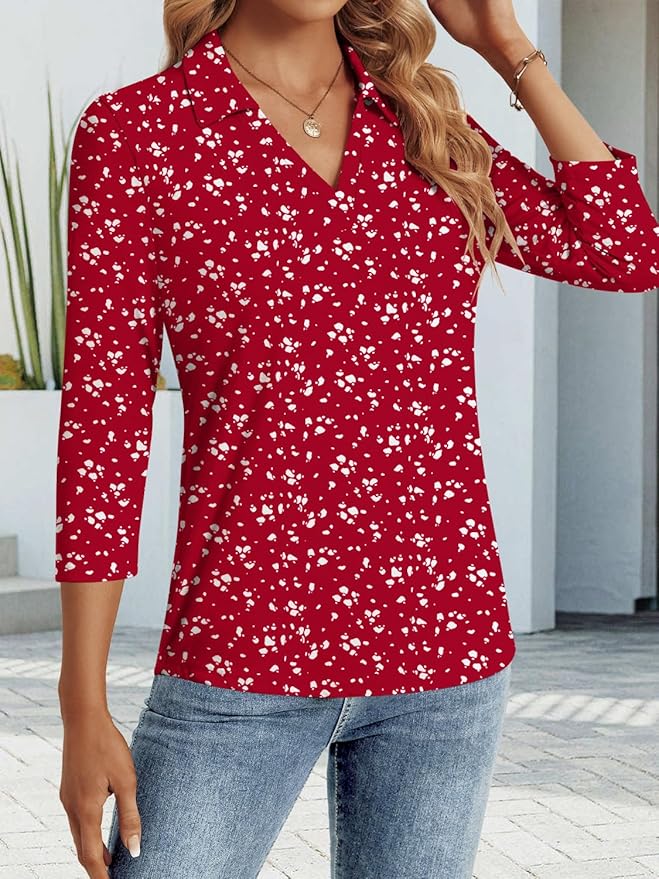 3/4 Length Sleeve Womens Tops Dressy Casual V Neck Polo Shirts Business Work Blouses 2025 Trendy Tunic Top