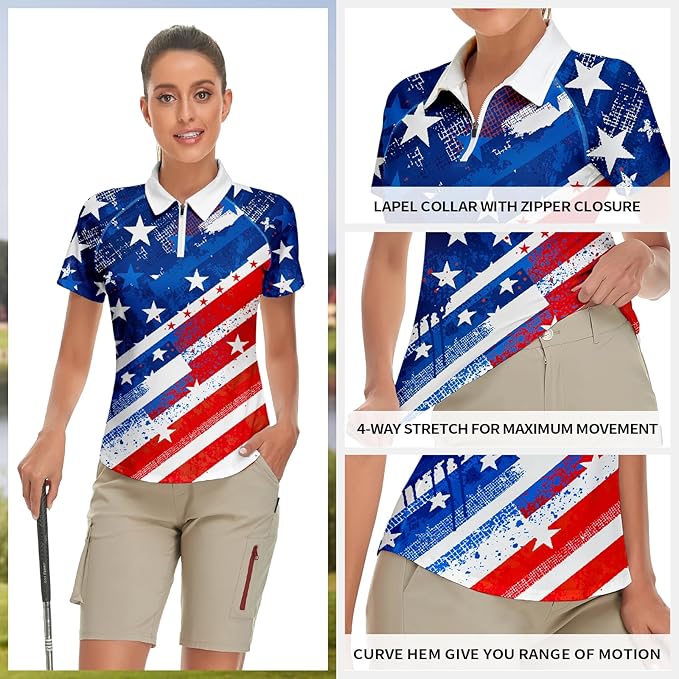 Women's Golf Shirt Short Sleeve Tennis Shirt Quarter Zip Golf Pullover Golf Polo Shirts Argyle Tops
