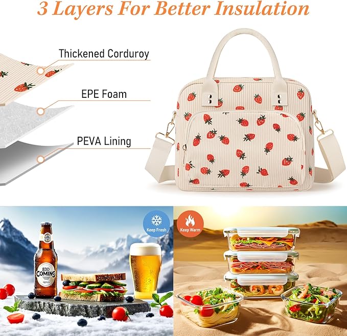 Lunch Bag Large Insulated Lunch Box for Women Adult Cute Beige Strawberry Lunchbox Corduroy Lunch Bags Boxes Pail with Shoulder Strap for Work Mom Picnic Office Travel 11.4×6.8×9.1 inches 11.5L