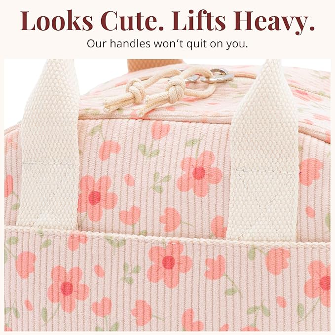 Insulated Pink Lunch Bag for Women, Stylish Corduroy Tote with Aluminum Lining, Large Capacity Reusable Cooler for Work, Travel, Beach or Picnic, Pink Floral Water-Resistant Lunch Box