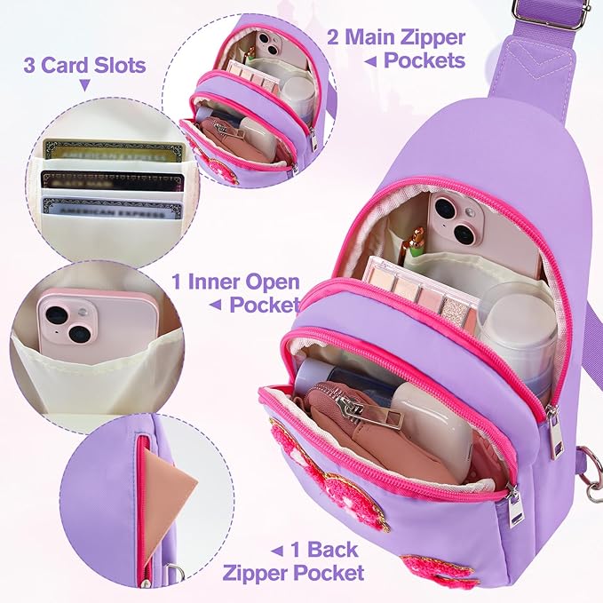 7 8 9 10 11 12 13 14 Year Old Girl Birthday Gifts, Purple Initial Bow Mouse Park Small Sling Bag for Girls Daughter Women, Teen Girl Gifts Trendy Stuff Crossbody Fanny Pack Must Have for Park Travel A