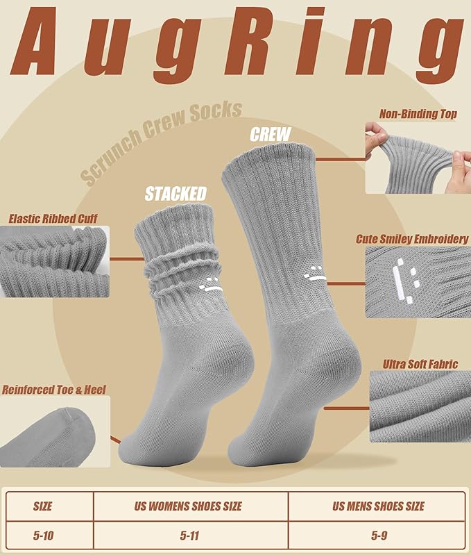 AugRing Women's Cute Scrunch Slouch Crew Socks 3Pack Retro Kawaii Chunky Ribbed Cotton Boot Sneaker Cozy Calf Socks Size 5–11
