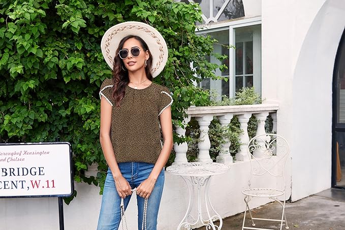 TASAMO Women's Casual Round Neck Basic Pleated Top Cap Sleeve Curved Keyhole Back Chiffon Blouse