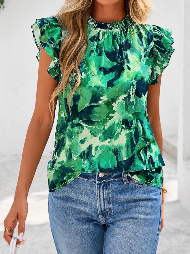 PRETTYGARDEN Women's Ruffle Short Sleeve Summer Tops 2026 Trendy Floral Trim Neck Casual Dressy Chiffon Boho Blouses Shirts