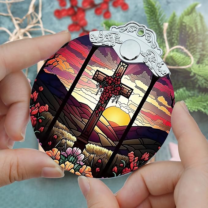 Jocidea Cross Christmas Ornament - Stained Glass Holiday Decoration for Tree, Xmas Gift Idea