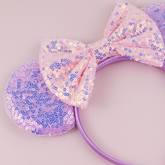LIHELEI Mouse Ears Headband for Princess, Pink Headbands for Women Halloween Costume, Sequin Bows Headwear Hair Accessories - Pink Pruple