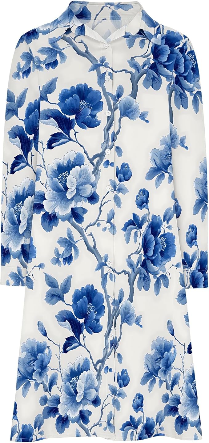 Shirt Dresses for Women 2025 Summer Long Sleeve Casual Plus Size Floral Printed Beach Vacation Dress with Pockets