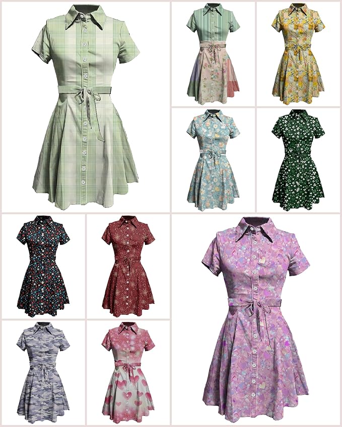 MARSVOVO Cute T Shirt Dress for Women Short Sleeve Button Up Tie Waist Elegant Casual Collared Smocked Midi Dress