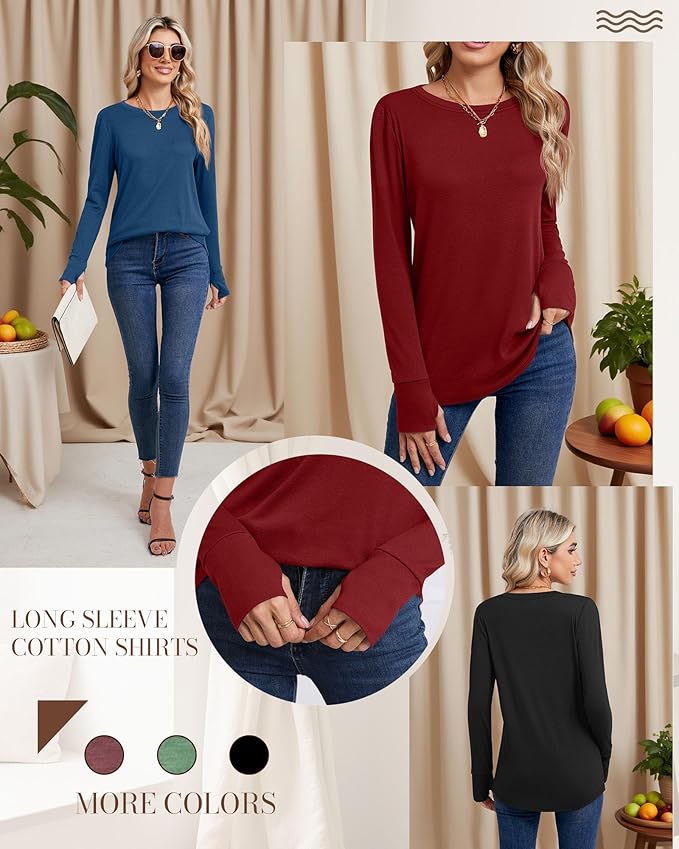 Huukeay 3 Pack Women's Long Sleeve Shirts with Thumb Holes, Cotton Casual Crew Neck Tunic Tops Fall Loose Y2k Trendy Outfits