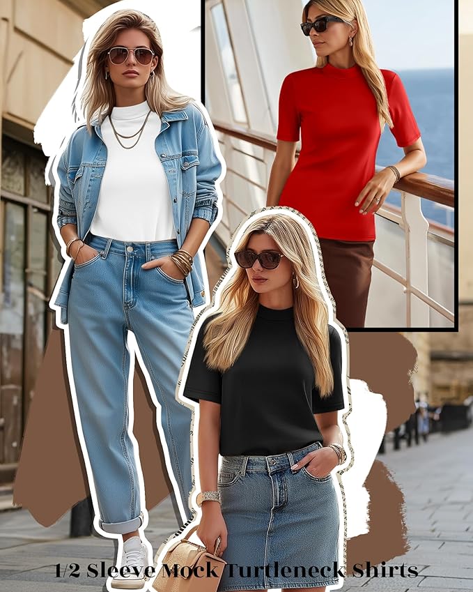 Ficerd 3 Pack Women's 1/2 Sleeve Mock Turtleneck Shirts, Elbow Length Shirt Half Sleeve Tunic Top Casual Summer Basic Tees