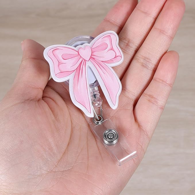 Pink Bow Badge Reel, Cute Retractable ID Card Badge Holder, Name Work Badge Clip for ICU RN LPN CNA MA ER Night Shift Nurse Nursing Student OB/GYN Doctor Librarian Psychologist Teacher, Nurse Gifts