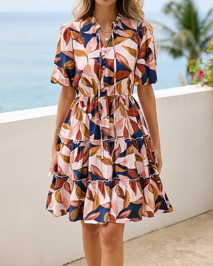 BTFBM Women Summer Floral Short Dresses V Neck Short Sleeve Tiered Ruffle Boho Swing Dress A-Line Mini Dresses