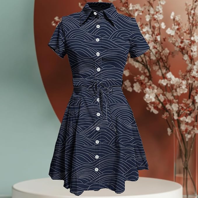 MARSVOVO Japanese Art Shirt Dresses for Women Short Sleeve Ruffle Button Down Tie Waist Trendy Elegant Midi Dress