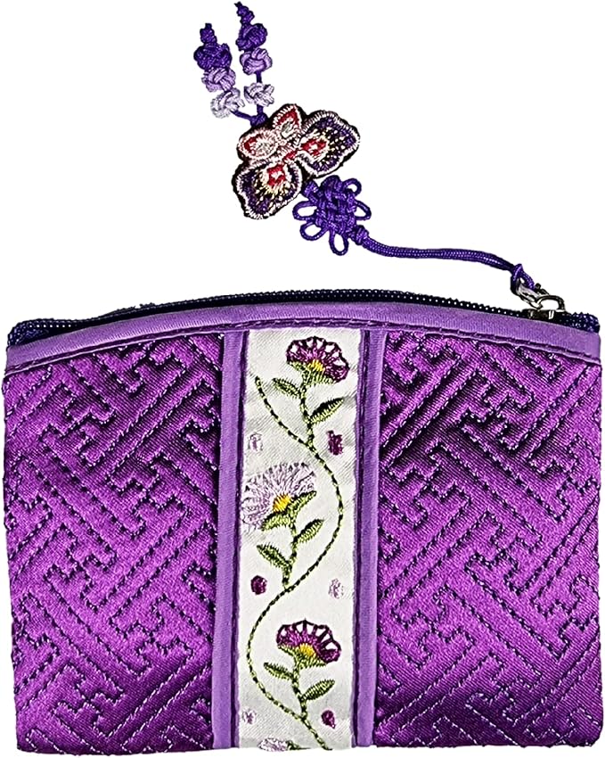 Seoulful Vintage Korean Embroidered Card Pouch - Wildflower Design Coin Purse with Butterfly Charm - Traditional Korean New Year's Gifts (Purple)