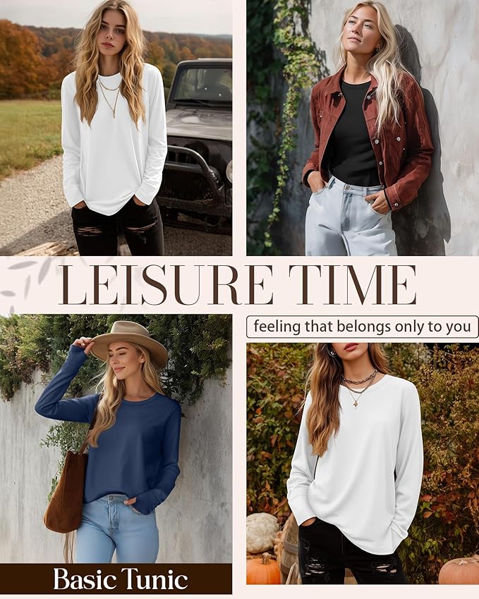 Huukeay 3 Pack Women's Long Sleeve Shirts with Thumb Holes, Cotton Casual Crew Neck Tunic Tops Fall Loose Y2k Trendy Outfits